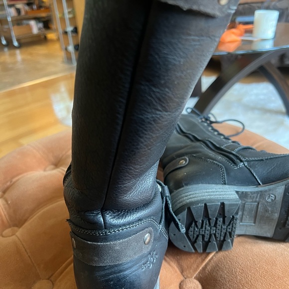 Black leather lace up boots with grey suede tongue and accents.Bos & Co. - Picture 3 of 7